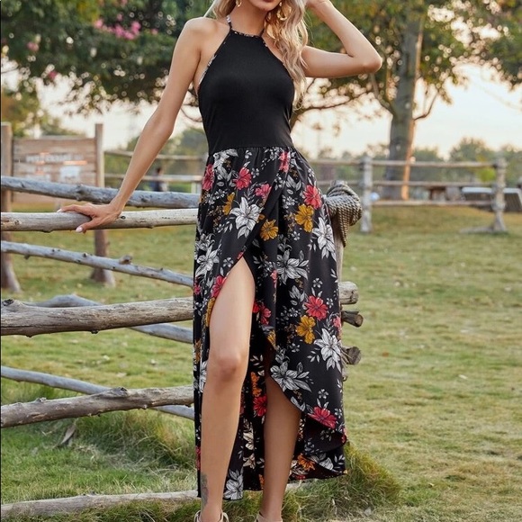 Floral Print Tulip Hem Tie Back Halter Dress - Picture 8 of 8